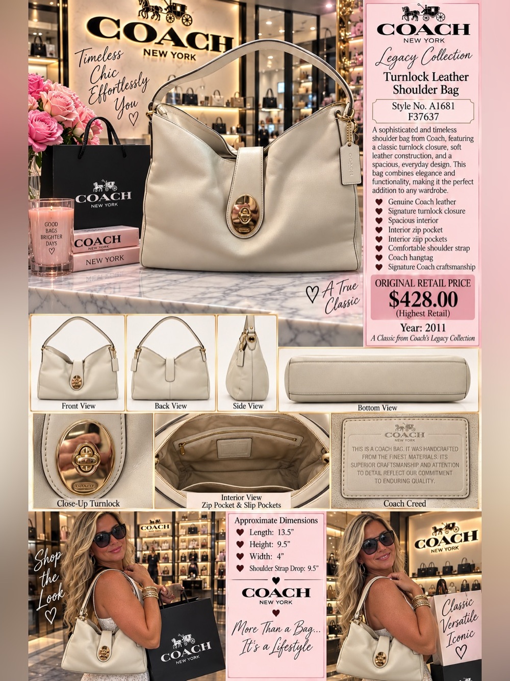 Coach Madison Carlyle Smooth Cream Leather Gold turnlock (2011) - Picture 2 of 4